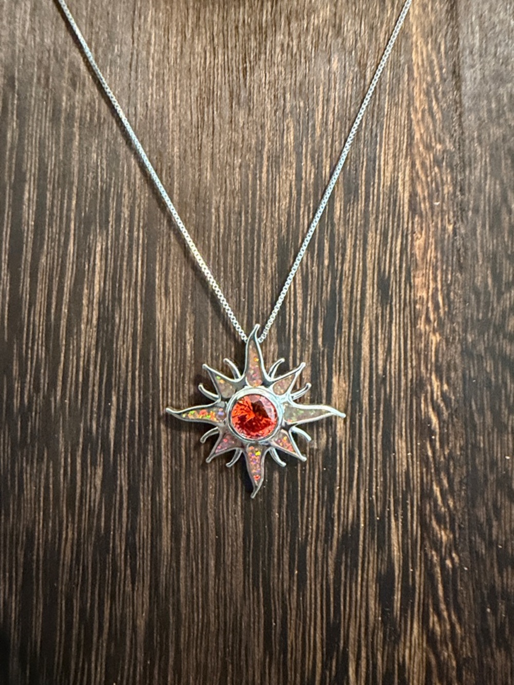 Stainless steel Sunburst Pendant Necklace with Orange Center Stone